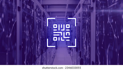 Image of neon qr code over server room in violet. communication, computers, servers and technology concept digitally generated image.