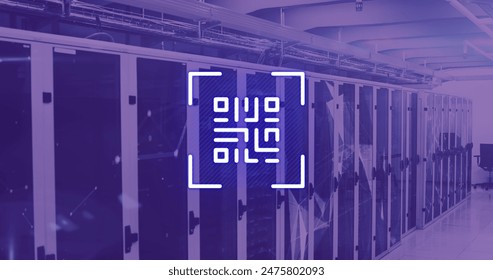 Image of neon qr code over server room in violet. communication, computers, servers and technology concept digitally generated image.
