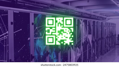 Image of neon qr code over server room in violet. communication, computers, servers and technology concept digitally generated image. - Powered by Shutterstock