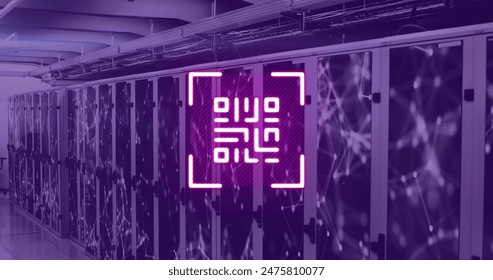 Image of neon qr code over server room in violet. communication, computers, servers and technology concept digitally generated image.