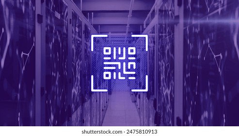 Image of neon qr code over server room in violet. communication, computers, servers and technology concept digitally generated image.