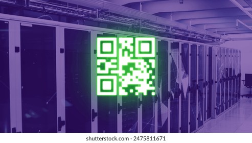 Image of neon qr code over server room in violet. communication, computers, servers and technology concept digitally generated image. - Powered by Shutterstock