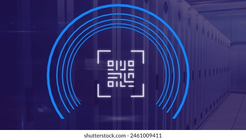 Image of neon qr code scanner and data processing against computer server room. Cyber security and business data storage technology concept - Powered by Shutterstock