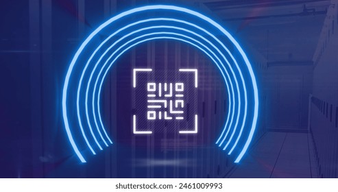 Image of neon qr code scanner and data processing against computer server room. Cyber security and business data storage technology concept