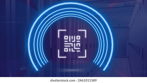 Image of neon qr code scanner and data processing against computer server room. Cyber security and business data storage technology concept - Powered by Shutterstock