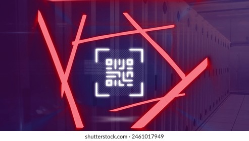 Image of neon qr code scanner and data processing against computer server room. Cyber security and business data storage technology concept - Powered by Shutterstock