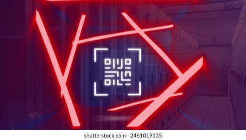 Image of neon qr code scanner and data processing against computer server room. Cyber security and business data storage technology concept - Powered by Shutterstock