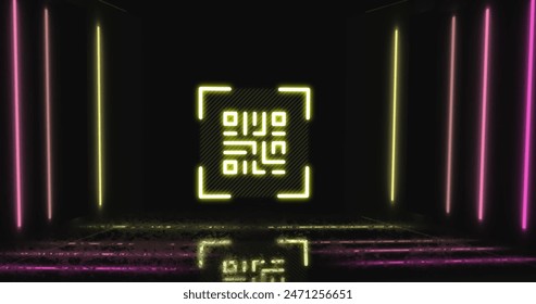 Image of neon qr code scanner and light trails against black background. Digital payment and business technology concept