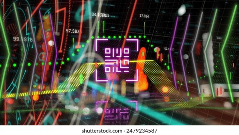 Image of neon qr code scanner and financial data processing against night city traffic. Global finance and digital payment technology concept - Powered by Shutterstock - Get 15% off with code: PIKWIZARD15
