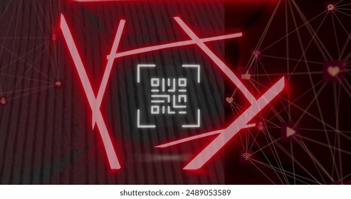 Image of neon qr code scanner and globes of digital icons spinning against tall buildings. Global networking and business technology concept