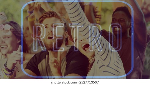 Image of neon retro text in blue over smiling friends at music concert. retro party, fun, entertainment and celebration concept digitally generated image. - Powered by Shutterstock