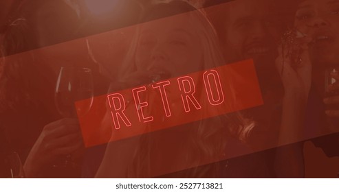 Image of neon retro text in red over smiling friends at party. retro party, fun, entertainment and celebration concept digitally generated image. - Powered by Shutterstock