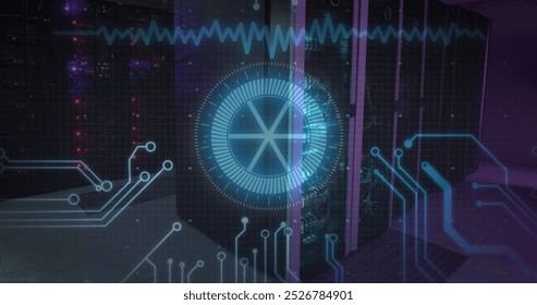Image of neon round scanner and microprocessor connections against empty computer server room. Business data storage technology concept - Powered by Shutterstock - Get 15% off with code: PIKWIZARD15