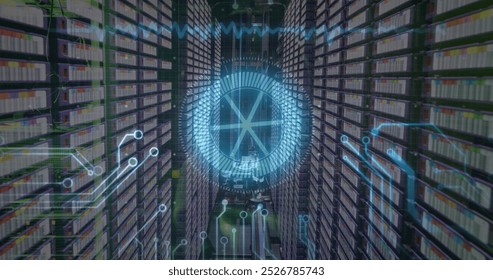 Image of neon round scanner and microprocessor connections against empty computer server room. Business data storage technology concept - Powered by Shutterstock - Get 15% off with code: PIKWIZARD15