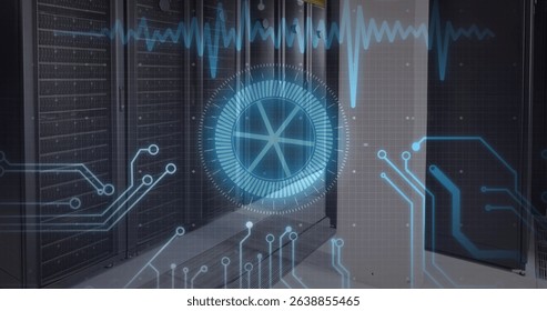 Image of neon round scanner and microprocessor connections against empty computer server room. Business data storage technology concept - Powered by Shutterstock - Get 15% off with code: PIKWIZARD15