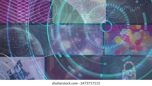 Image of neon round scanner over multiple screens with data processing against neon tunnel. Computer interface and business data technology concept