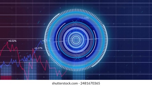 Image of neon round scanner spinning over statistical data processing on purple background. Computer interface and business data technology concept