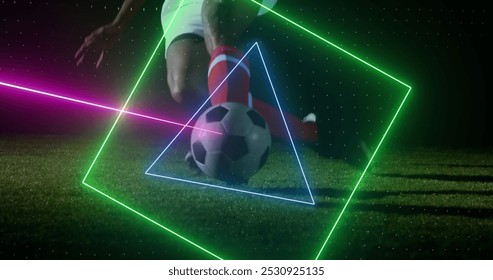 Image of neon scanner processing data over football player kicking ball. sport, competition and technology concept, digitally generated image. - Powered by Shutterstock