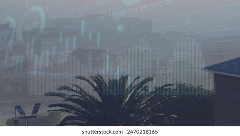 Image of neon shape in seamless pattern and data processing against aerial view of cityscape. Global economy and business data technology concept