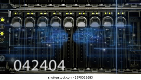 Image of neon shapes and data processing over server room. Technology and digital interface concept digitally generated image.