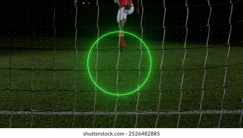 Image of neon shapes over african american male soccer player. global sport and digital interface concept digitally generated image.