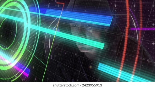 Image of neon shapes over caucasian male hacker. Network, data security, cyber crime and technology concept digitally generated image.