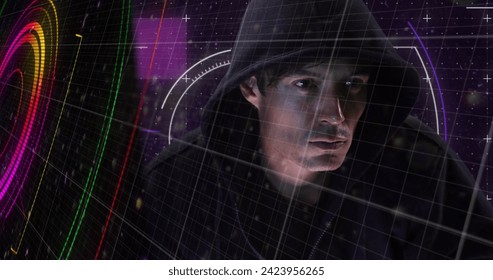 Image of neon shapes over caucasian male hacker. Network, data security, cyber crime and technology concept digitally generated image.