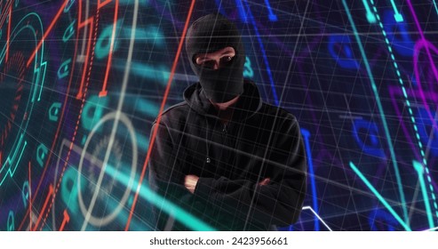 Image of neon shapes over caucasian male hacker in mask. Network, data security, cyber crime and technology concept digitally generated image.