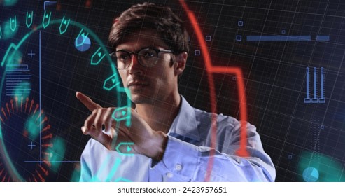 Image of neon shapes over caucasian man using touchscreen. Business, network, data processing, digital interface and technology concept digitally generated image.