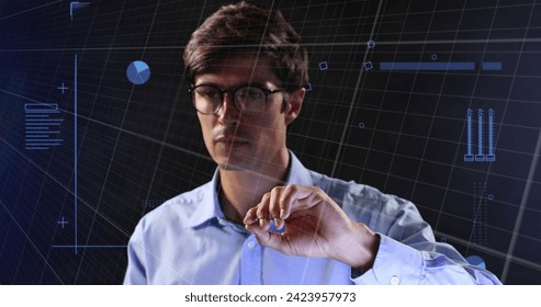 Image of neon shapes over caucasian man using touchscreen. Business, network, data processing, digital interface and technology concept digitally generated image.