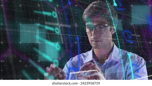 Image of neon shapes over caucasian man using touchscreen. Business, network, data processing, digital interface and technology concept digitally generated image.