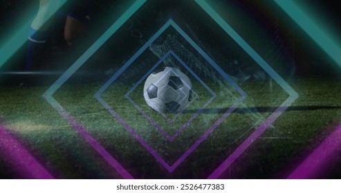 Image of neon shapes over caucasian male soccer player. global sport and digital interface concept digitally generated image.