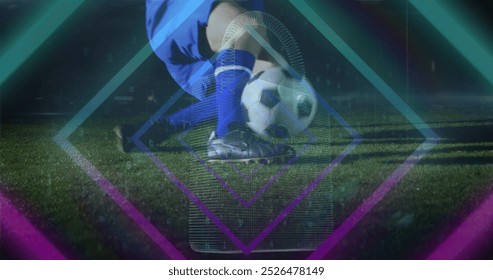 Image of neon shapes over caucasian male soccer player. global sport and digital interface concept digitally generated image.