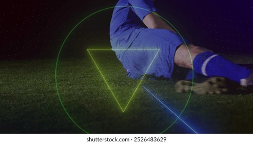 Image of neon shapes over caucasian male soccer player. global sport and digital interface concept digitally generated image.