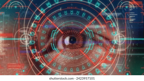 Image of neon shapes over eye of caucasian man. Network, data processing, digital interface and technology concept digitally generated image.