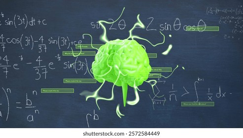 Image of neon shapes over mathematical equations and brain. Science and digital interface concept digitally generated image.