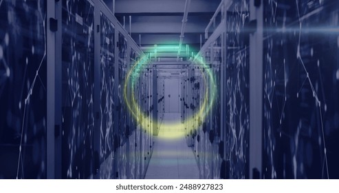 Image of neon shapes over server room. Global business and digital interface concept digitally generated image.