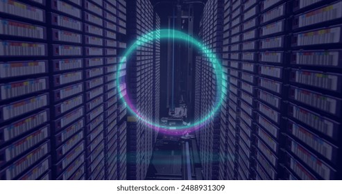 Image of neon shapes over server room. Global business and digital interface concept digitally generated image. - Powered by Shutterstock - Get 15% off with code: PIKWIZARD15