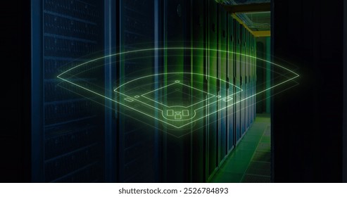 Image of neon shapes over server room. Global technology, computing and digital interface concept digitally generated image.