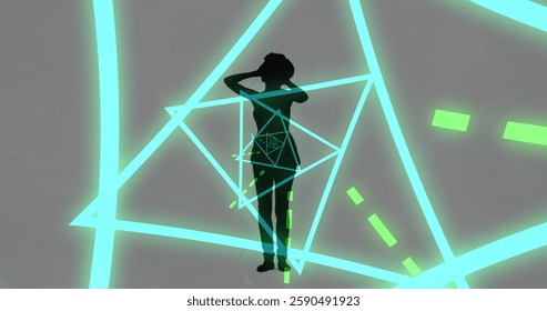 Image of neon shapes over silhouette of woman dancing. Lifestyle and digital interface concept digitally generated image.