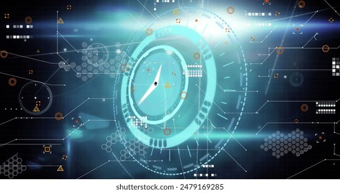 Image of neon ticking clock and round scanner over network of connections and data processing. Global networking and business technology concept - Powered by Shutterstock