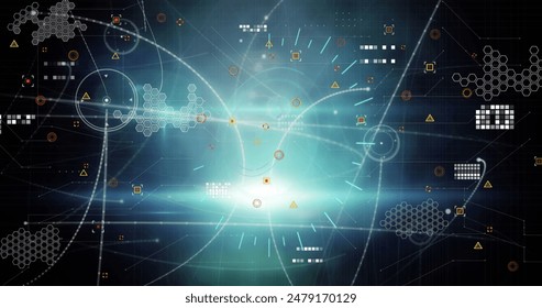 Image of neon ticking clock and round scanner over network of connections and data processing. Global networking and business technology concept