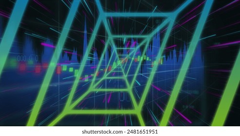 Image of neon tunnel, light trails in seamless pattern and data processing on black background. Computer interface and business data technology concept
