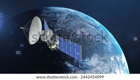 Image of network of 6g text over satellite and globe. Global networks, connections, data processing and digital interface concept digitally generated image.