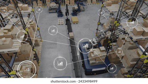 Image of network of conncetions with icons over robotic arms with boxes warehouse. Global conncetions, innovation, delivery and shipping concept digitally generated image. - Powered by Shutterstock