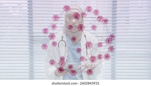 Image of network of connection with interface medical icons forming a globe over female doctor. global networking medicine and science concept digital composite.