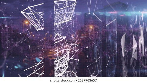 Image of network of connection over cityscape. Global connections, data processing and digital interface concept digitally generated image.