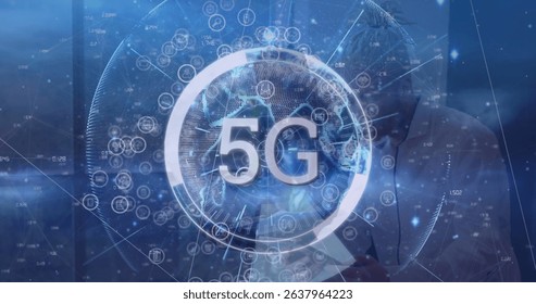 Image of network of connections and 5g text over diverse group of business people. Global connections, data processing and digital interface concept digitally generated image.
