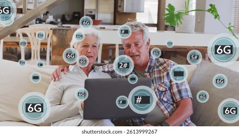 Image of network of connections with 6g text over senior caucasian couple using laptop. global connections, digital interface and technology concept digitally generated image.