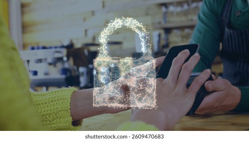 Image of network of connections with cloud icon over people using payment terminal. global communication and data security concept digitally generated image.